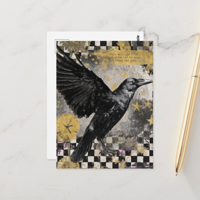 Cartão Postal Colagem de Mídia Mista de Corvo (Frente/Verso In Situ)