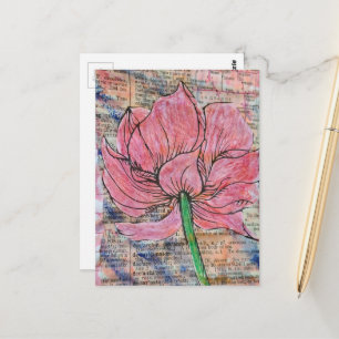 Cartão Postal Colagem de Mídia Mista de Flor Rosa
