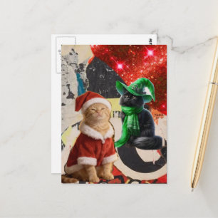 Cartão Postal Colagem de Mídia Mista de Gatos de Natal