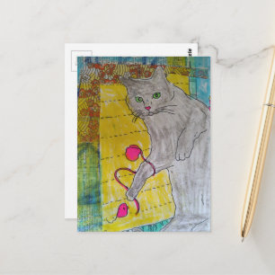 Cartão Postal Colagem de mídia mista Kitty cinza