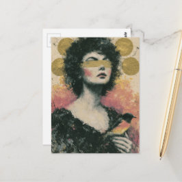Cartão Postal Colagem de Mídia Mista Mulher e Pássaro
