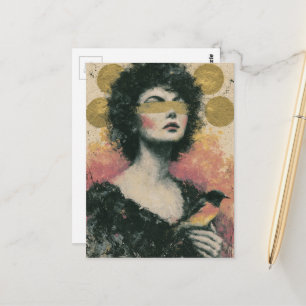 Cartão Postal Colagem de Mídia Mista Mulher e Pássaro
