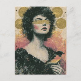 Cartão Postal Colagem de Mídia Mista Mulher e Pássaro