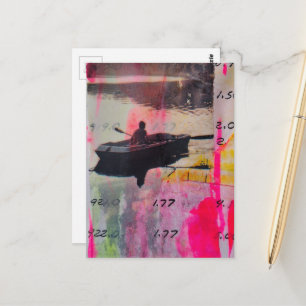 Cartão Postal Colagem de Mídia Mista Rosa Amarelo Um Barco Antig