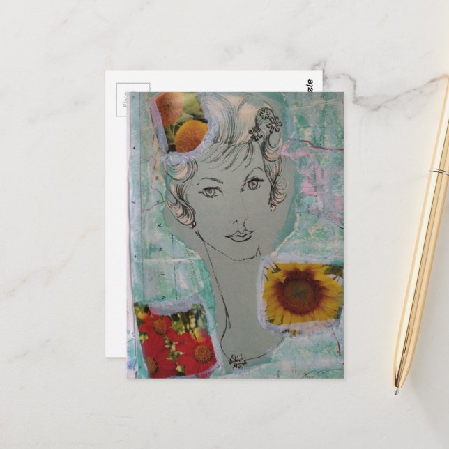 Cartão Postal Colagem de Mulher com Estilo de Cabelo Retrô e Flo (Frente/Verso In Situ)