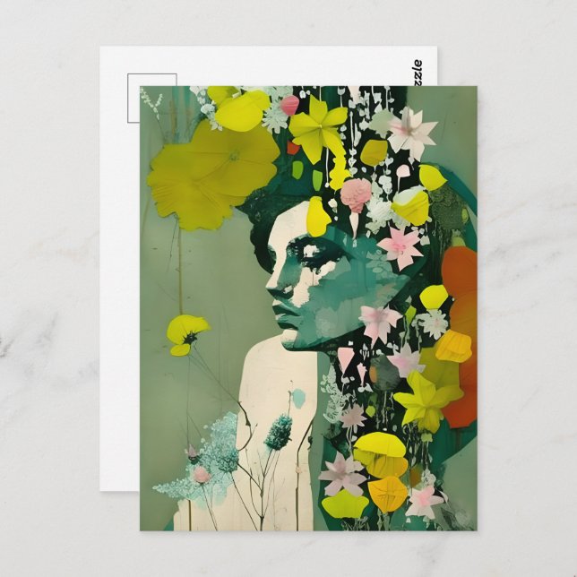 Cartão Postal Colagem de Mulher e Flores Rosa e Amarelo (Frente/Verso)