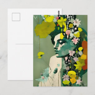 Cartão Postal Colagem de Mulher e Flores Rosa e Amarelo