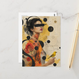 Cartão Postal Colagem de Mulher e Pássaro Amarelo
