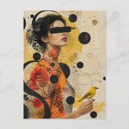Cartão Postal Colagem de Mulher e Pássaro Amarelo