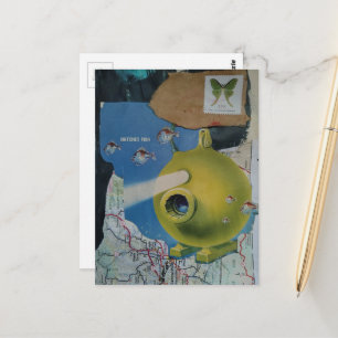 Cartão Postal Colagem de Peixe e Mariposa do Submarino Verde Ret