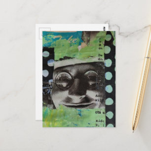 Cartão Postal Colagem de Rosto Preto e Branco com Bolinhas