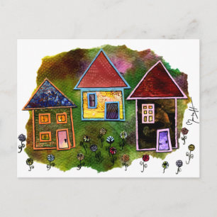 Cartão Postal Colagem de Três Casas com Flores