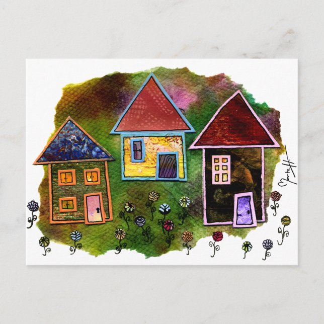Cartão Postal Colagem de Três Casas com Flores (Frente)