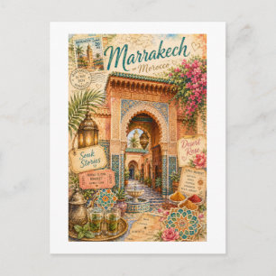 Cartão Postal Colagem de Viagem Antiga Marrakech Marrocos