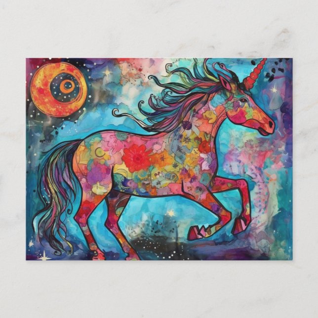 Cartão Postal Colagem Floral de Unicorn Moon Cheia (Frente)