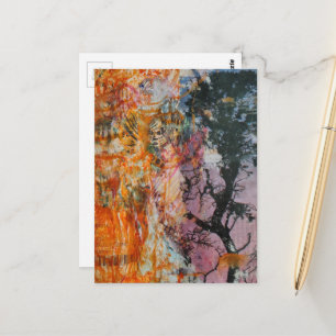 Cartão Postal Colagem Mídia Mista Árvore Rosa Laranja Azul Preto