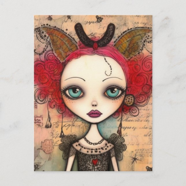 Cartão Postal Colagem Mídia Mistura de Fada Vermelha (Frente)