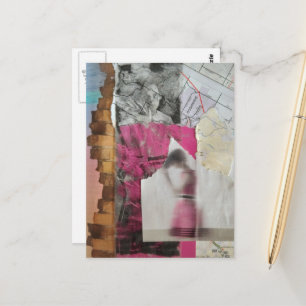 Cartão Postal colagem mista de mulher em rosa abstrata