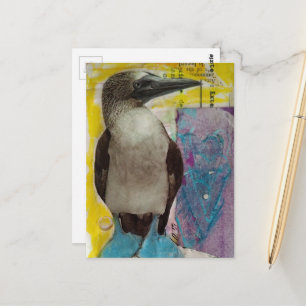 Cartão Postal Colagem mista de pássaro de pé azul