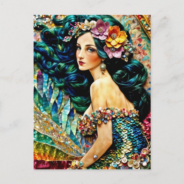 Cartão Postal Colagem mista de sereia (Frente)