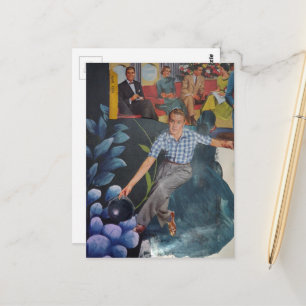 Cartão Postal Colagem Mista Homem de Boliche Retro