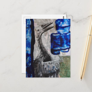 Cartão Postal Colagem Mista Pintura Azul de Pássaro Dino