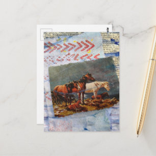 Cartão Postal Colagem Retro Cavalos Mídia Mista