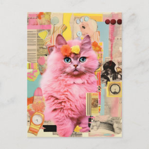 Cartão Postal Colagem Retro de Gato Rosa Fofinho