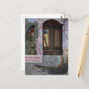 Cartão Postal Colagem Retro de Pássaros e Peixes