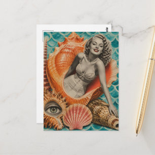 Cartão Postal Colagem Retro Ela Vende Conchas Marinhas