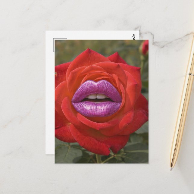 Cartão Postal Colagem Rosa Vermelho com Lábios Rosa (Frente/Verso In Situ)