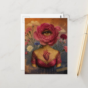 Cartão Postal Colagem Senhora Flor Rosa Surrealista