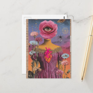 Cartão Postal Colagem Senhora Flor Rosa Surrealista