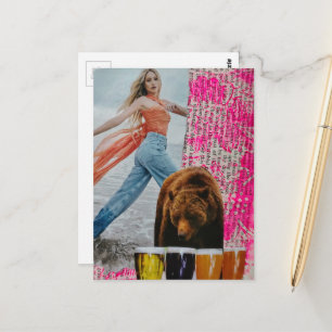 Cartão Postal colagem surreal Ela Escolheu o Urso