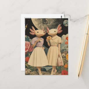 Cartão Postal Colagem surreal engraçada de um par de axolotes no