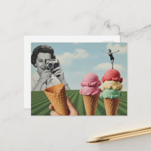 Cartão Postal Colagem Surrealista de Verão Sorvete em Equilíbrio
