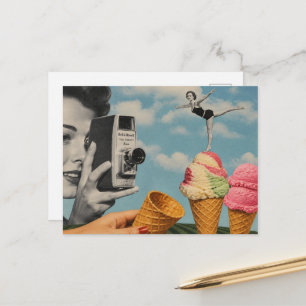 Cartão Postal Colagem Surrealista de Verão Sorvete Natação