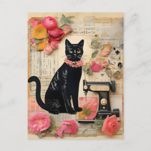 Cartão Postal Colar de contas de gato preto de costura retrô col