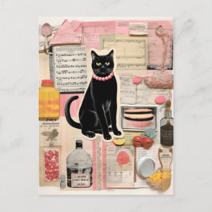 Cartão Postal Colar de contas de gato preto retrô colagem
