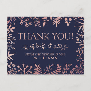 Cartão Postal Coleção de Casamento Floral Azul Marinho e Dourado