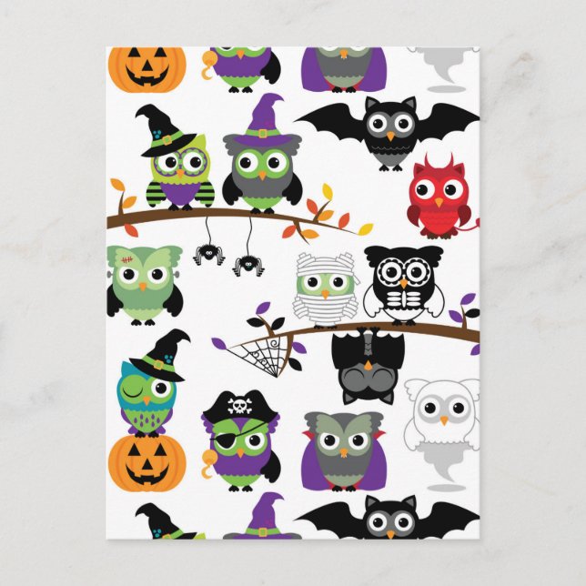 Cartão Postal Coleção De Corujas De Halloween Spooky (Frente)