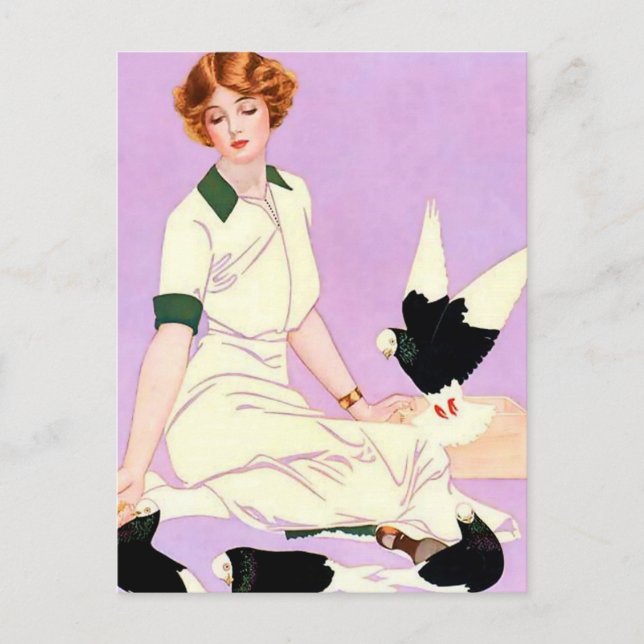 Cartão Postal Coles Phillips "Fadeaway Girl" "Alimentando pombos (Frente)
