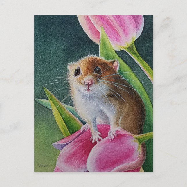 Cartão Postal Colheita De Mouse Na Arte De Aquarela Com Tulipa R (Frente)