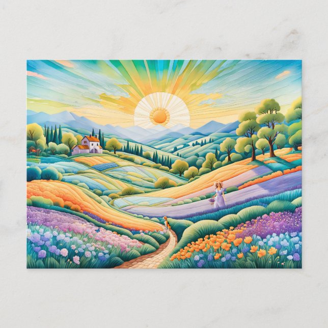 Cartão Postal Colheita de Verão com Campos de Lavanda e Flor (Frente)