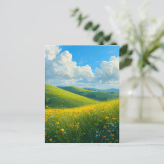 Cartão Postal Colinas Verdes Vibrantes & Flores Amarelas Paisage