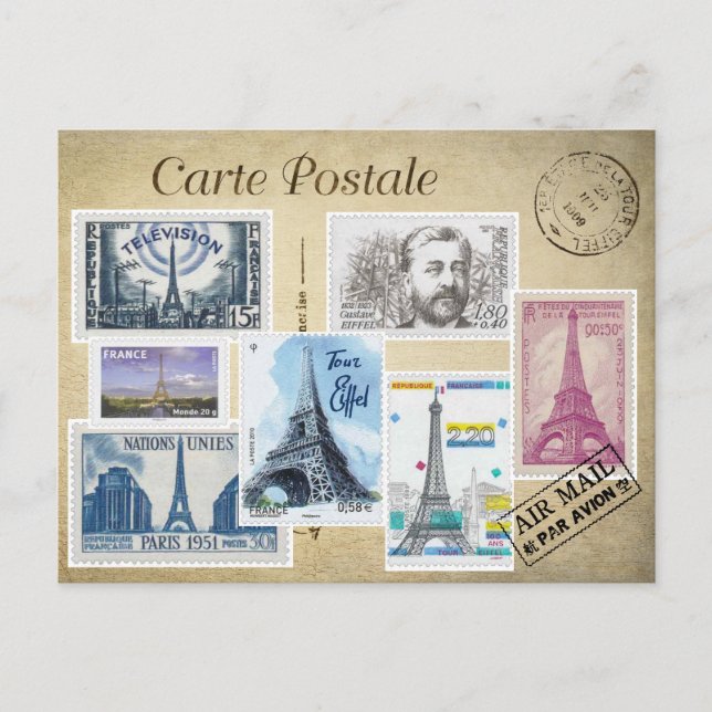 Cartão Postal Collage timbres Tour Eiffel (Frente)