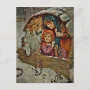 Cartão Postal Collie and Children in the Doghouse