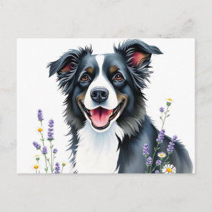 Cartão Postal Collie de Borda de Aquarela com Lavanda e Visitas