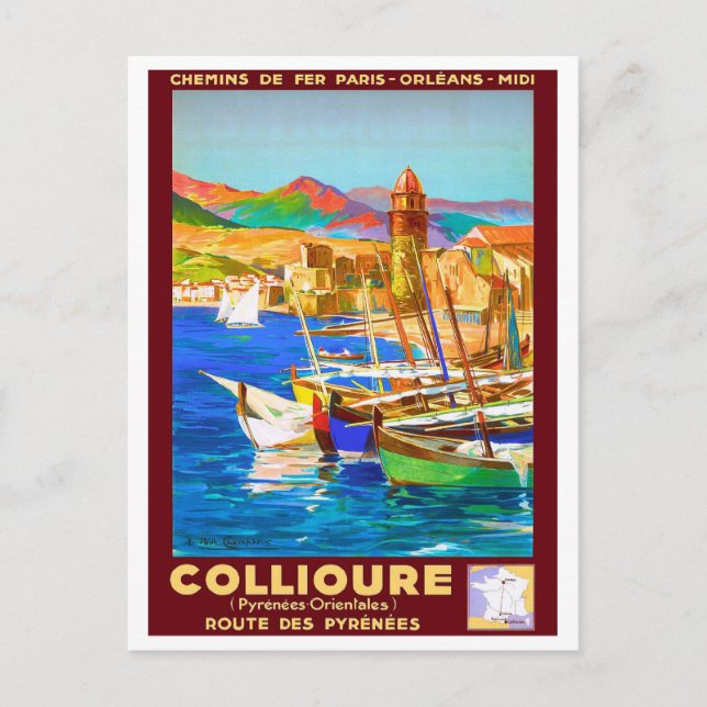 Cartão Postal Collioure, Pirenéus, França, embarcações no porto, (Frente)