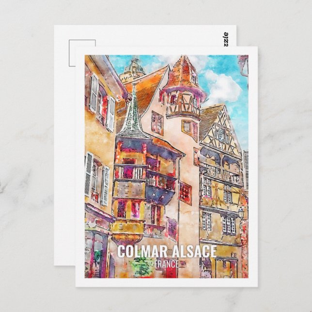 Cartão Postal Colmar Alsace França Local de Viagem Aquarela (Frente/Verso)